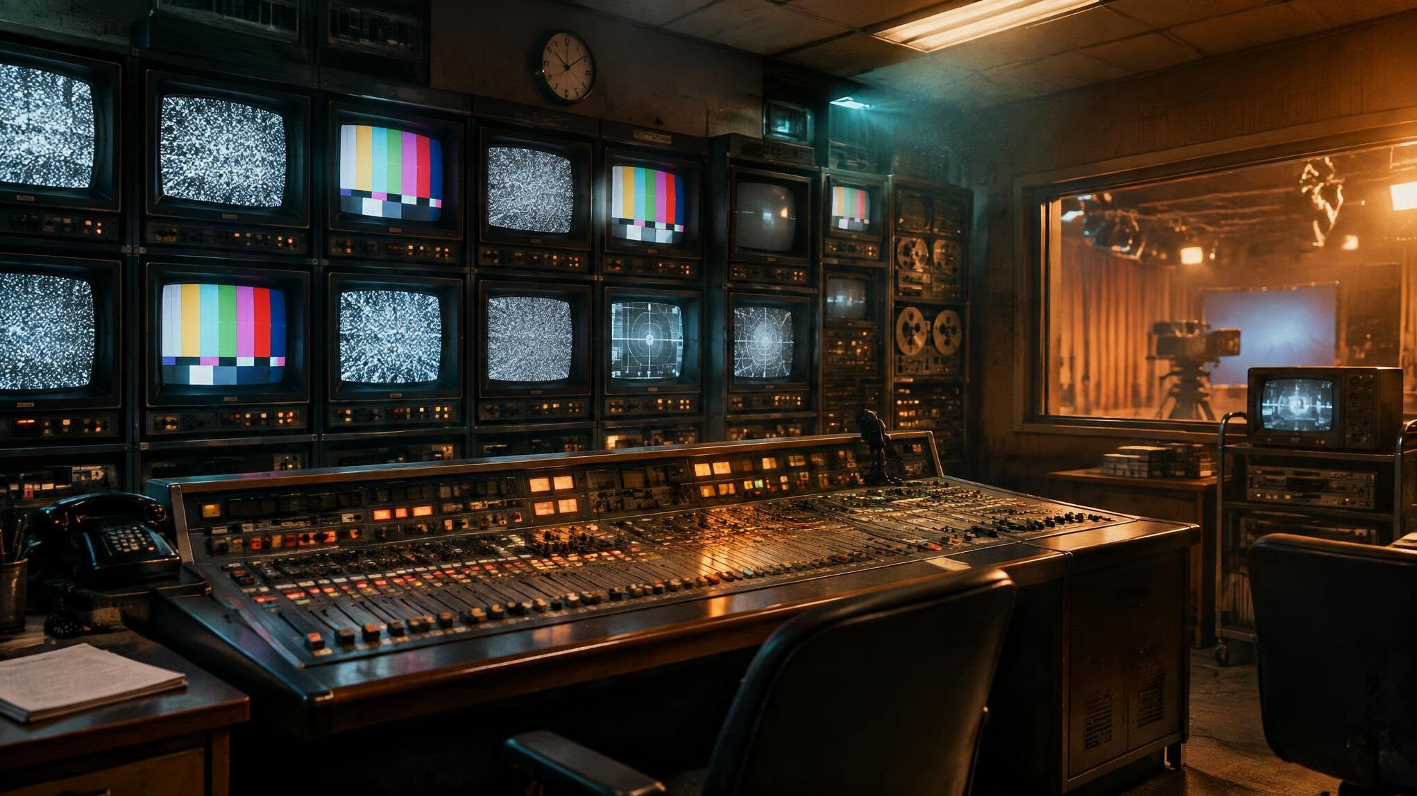 Retro television studio control room with vintage monitors and a mixing console