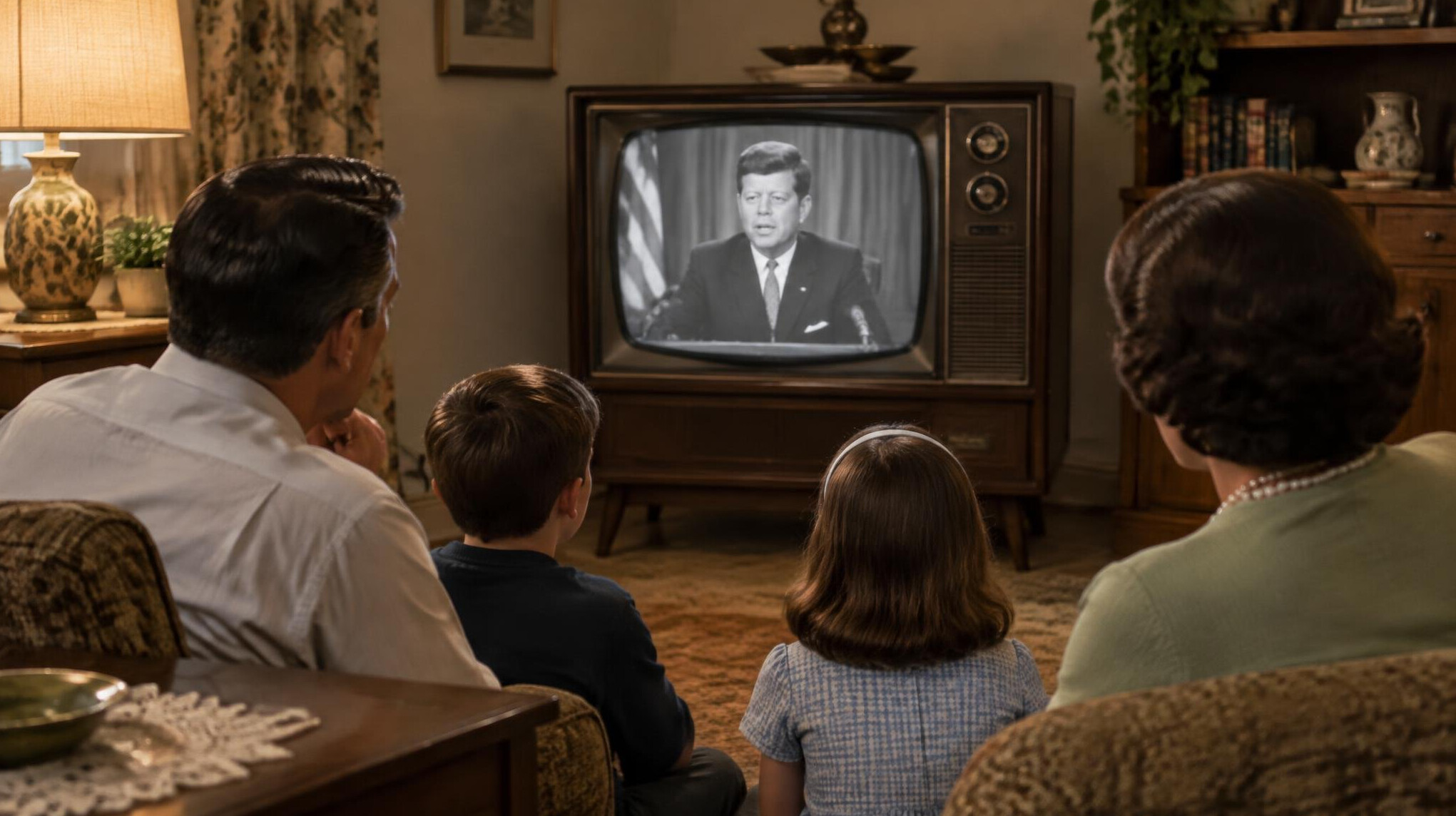 family watching old tv