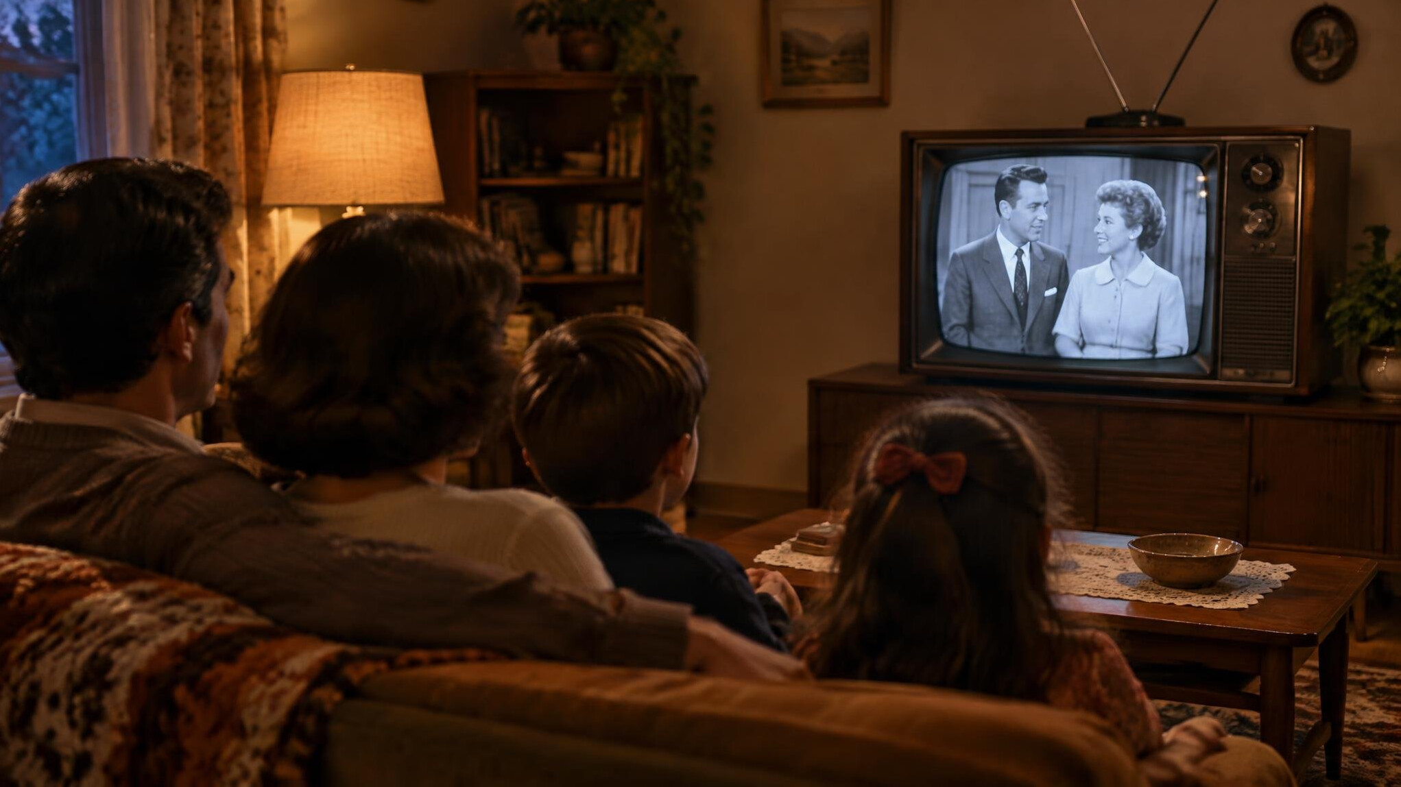 family watching old tv