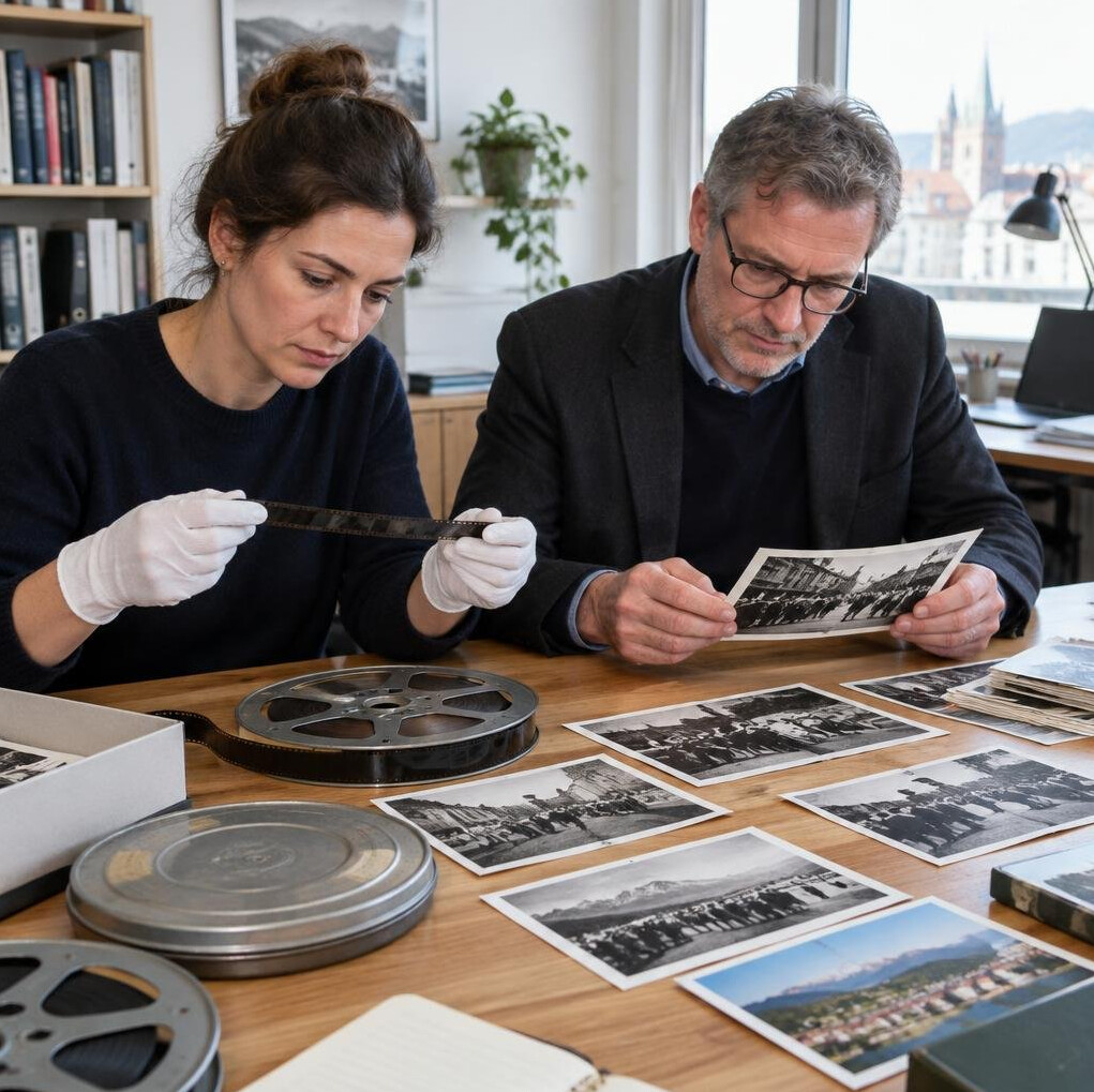 Editorial team reviewing archival television footage on a light table